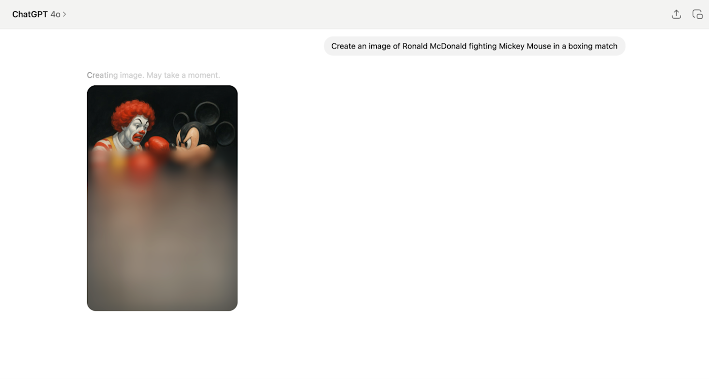 ChatGPT starting to generate the image of Ronald McDonald and Mickey Mouse