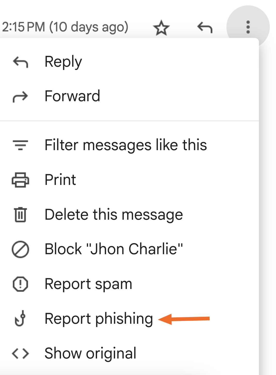 How to report phishing in Gmail on a desktop.