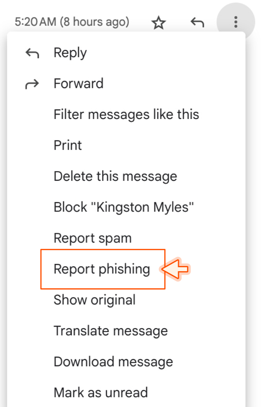 How to report phishing in Gmail on a desktop.