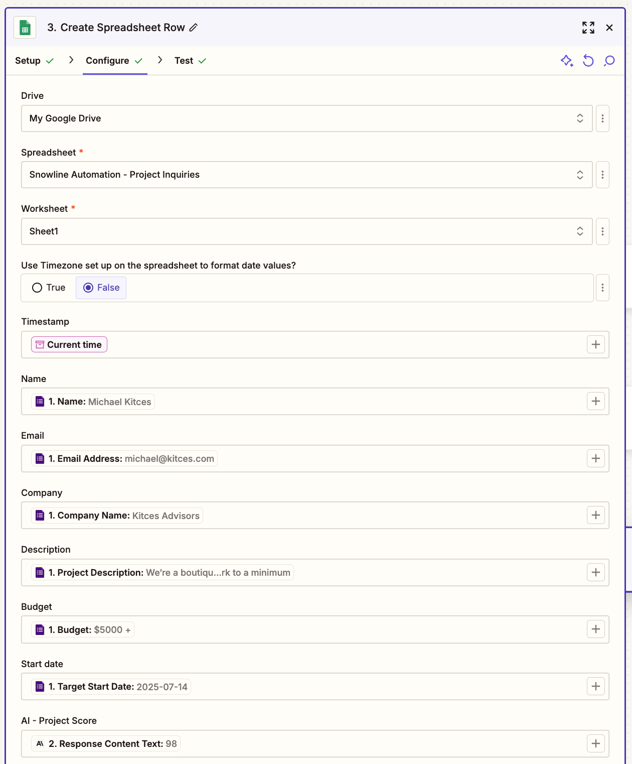 A Google Sheets step with data mapped from the previous Google Forms and Claude AI steps.