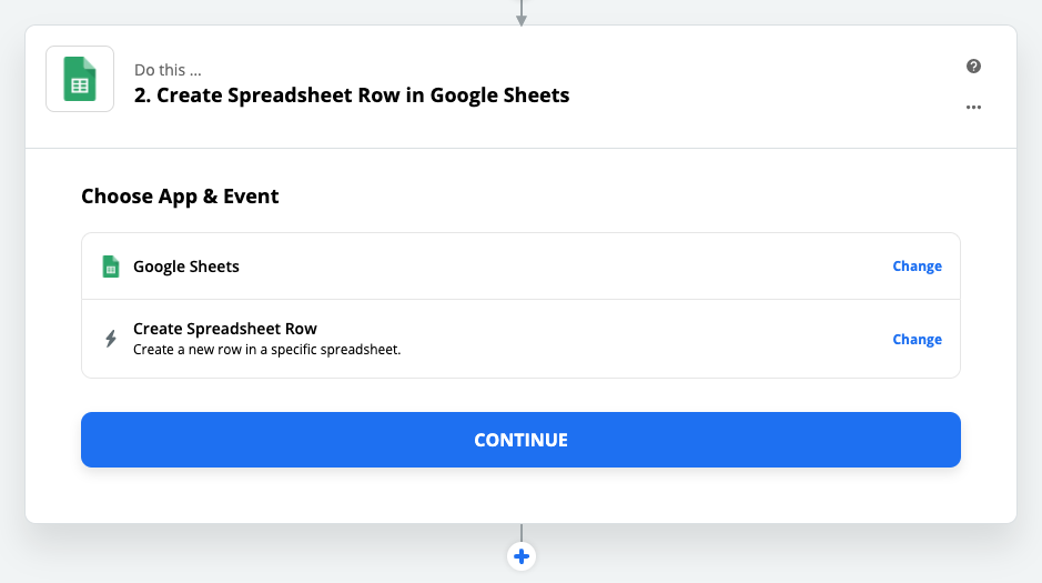 Configuring your action step to add a new row in Google Sheets.