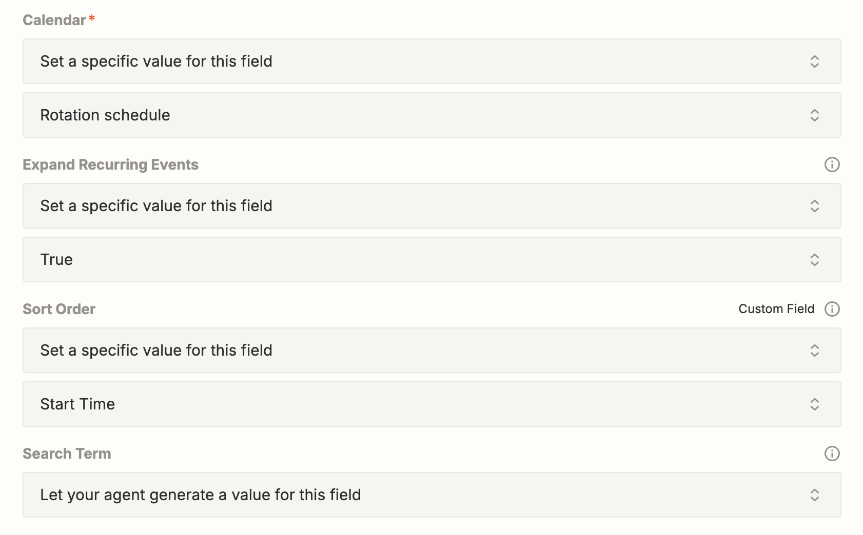 Screenshot of calendar specifics
