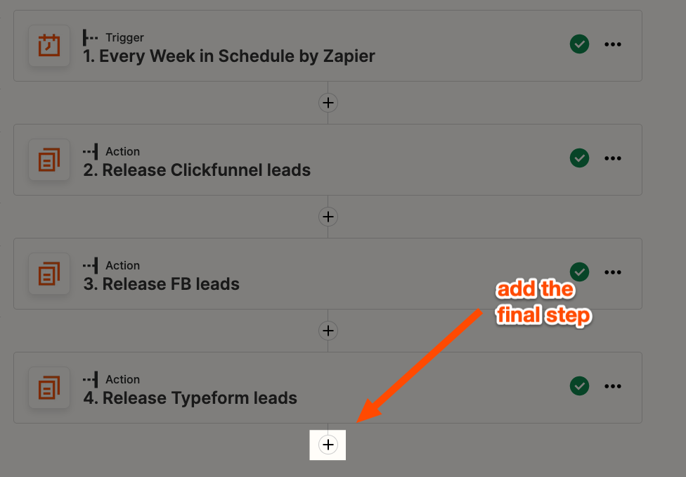 An arrow pointing to the plus-button in the Zap editor.