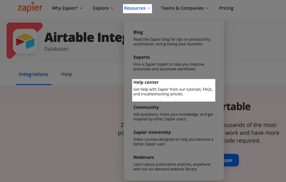 Zapier's Help center location is highlighted in the top menu in a Zapier account. The Help center is located in the Resources tab.