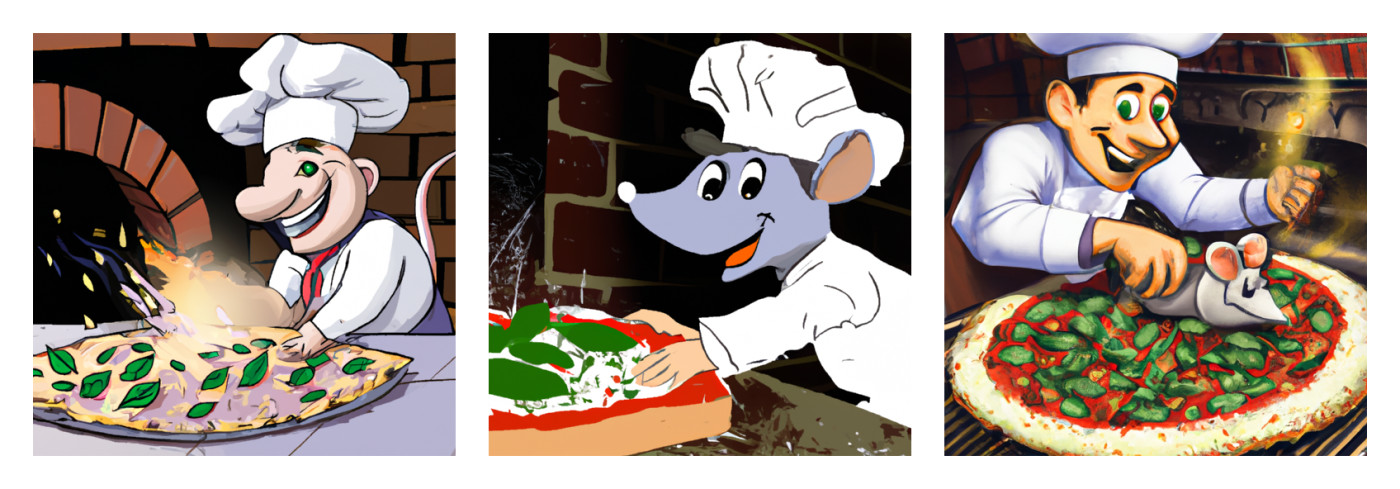 An image generated by DALL-E for the prompt: "Remy from the Pixar movie Ratatouille sprinkling basil on a Neapolitan-style pizza just before he slides it into a flaming brick pizza oven to be cooked to perfection. Make sure Remy is wearing a white chef's hat and smiling widely."