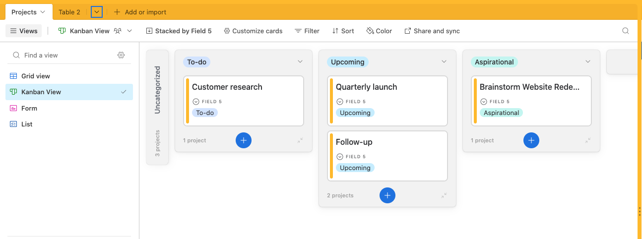 Screenshot showing the Kanban view in Airtable.