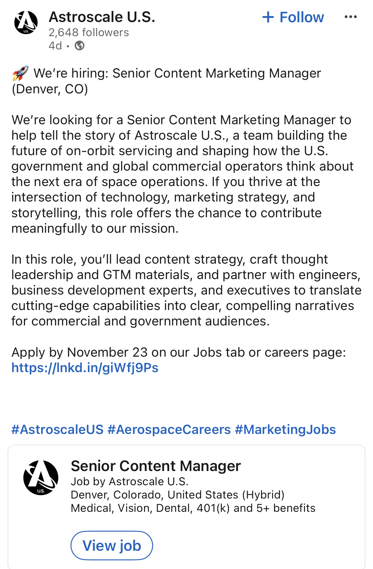 Screenshot of a LinkedIn Single Job Ad