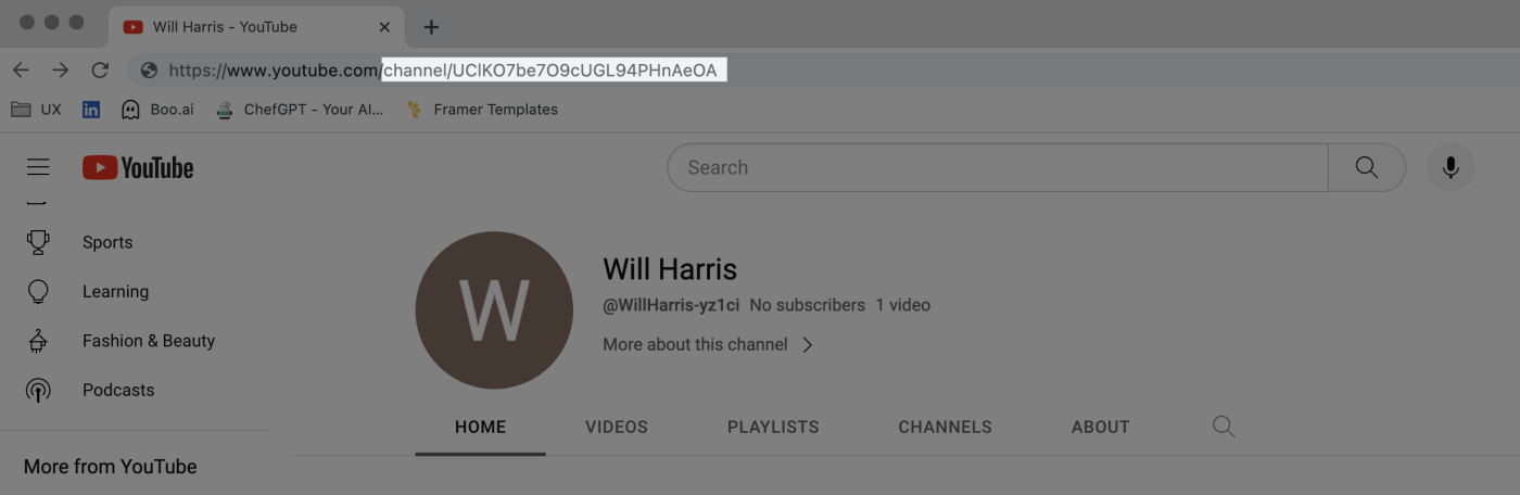 A screenshot of a YouTube channel URL, highlighting the channel ID part of the URL.