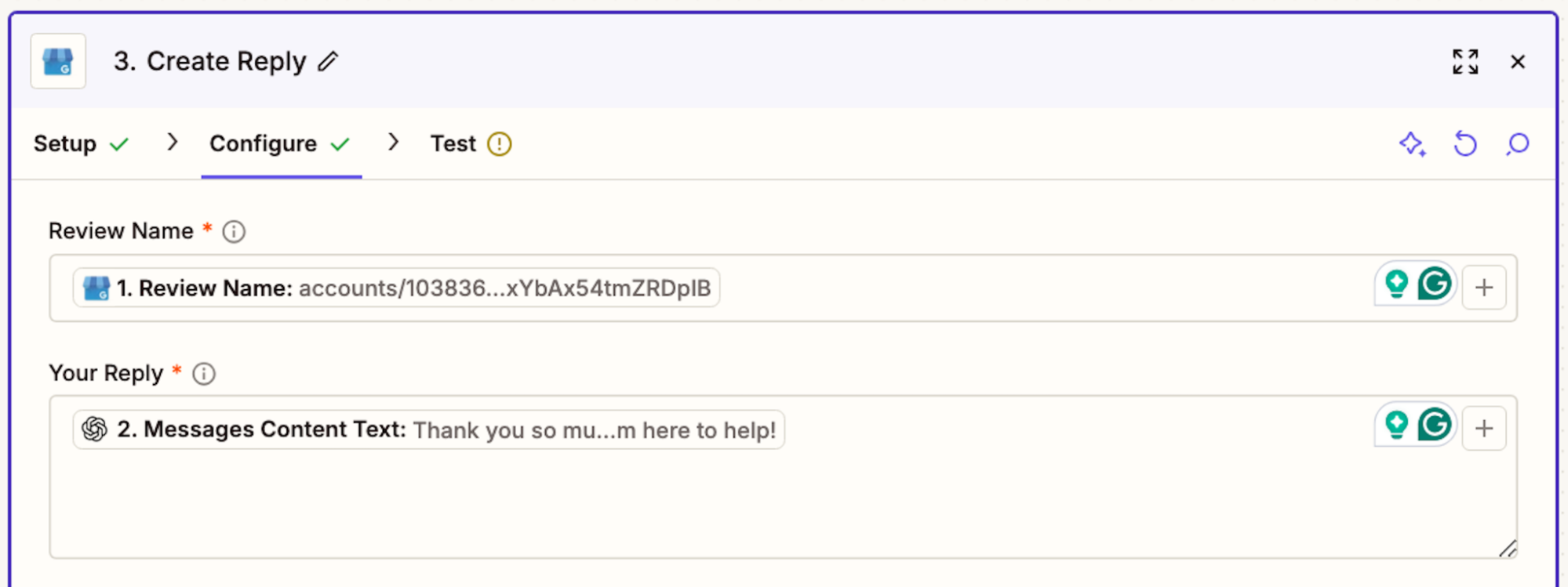 A ChatGPT action step in the Zap editor with details added to the Review Name and Your Reply fields.