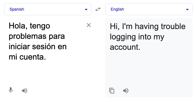 Screenshot of a tool using AI to translate a spanish customer service question to english 