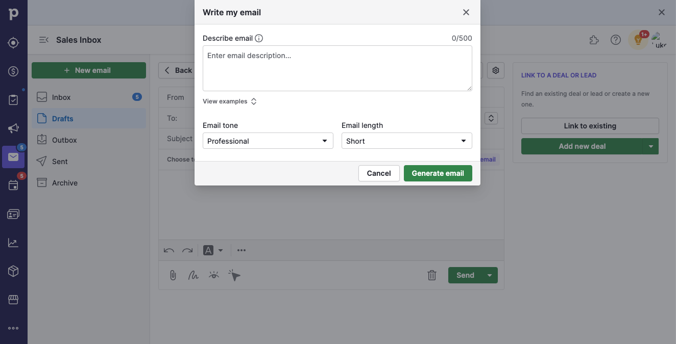 Screenshot of email composition dashboard in Pipedrive titled Write my email with a green button labeled Generate email.