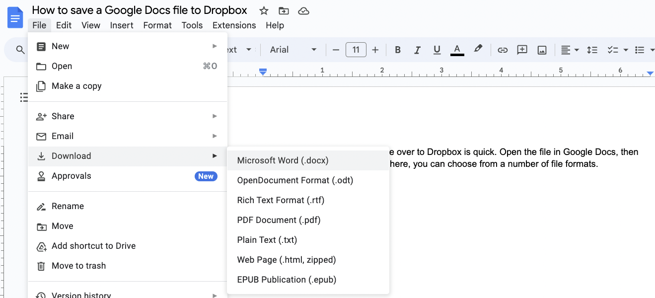 An open File menu in a Google Doc with the Download menu shown open.