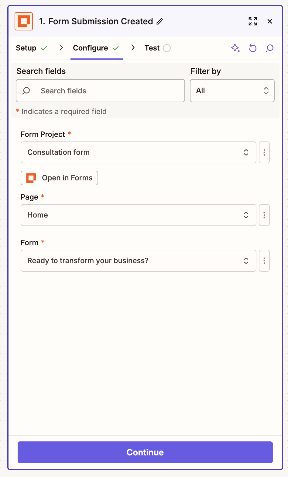 The configuration for a Zapier Forms trigger step in the Zap editor