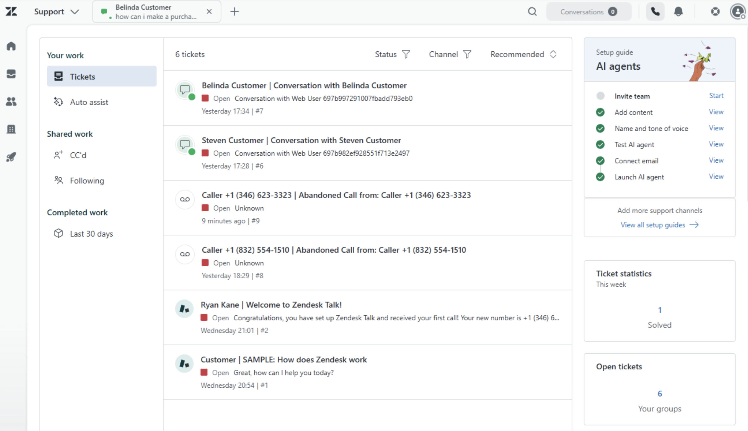 A screenshot of Zendesk, a customer experience software.