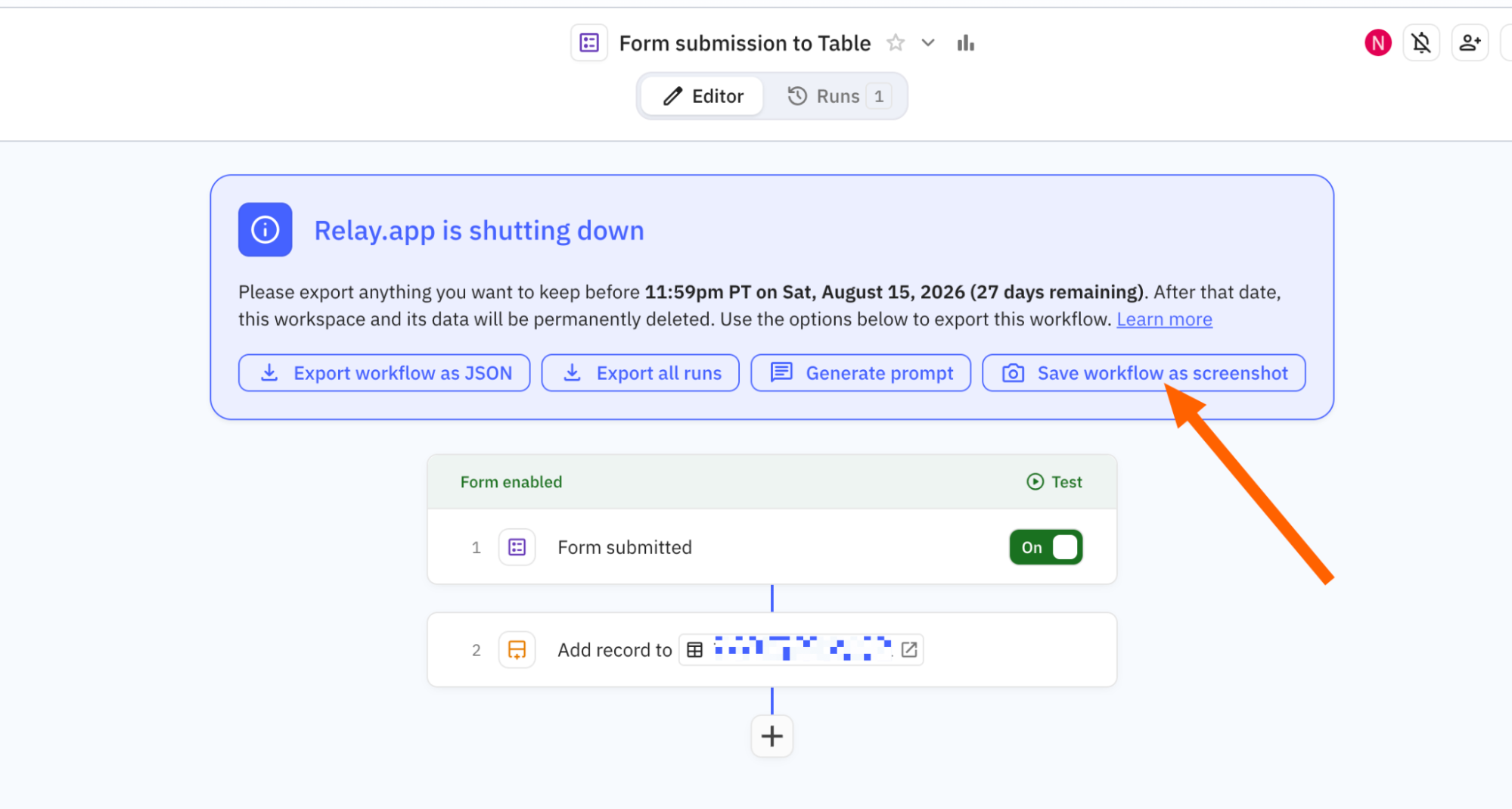 Saving a workflow as a screenshot in Relay
