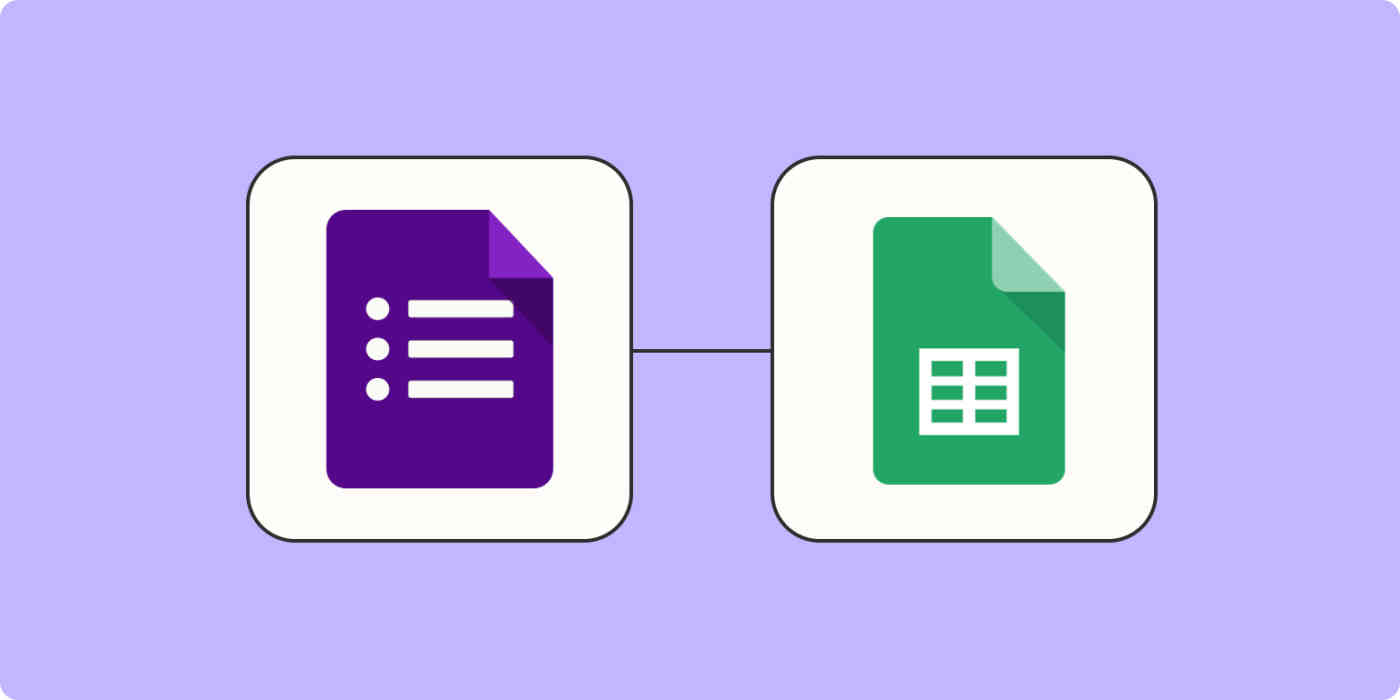 A purple Google Forms app icon and a green Google Sheets icon on an orange background with a dark orange dotted line connecting the two icons.