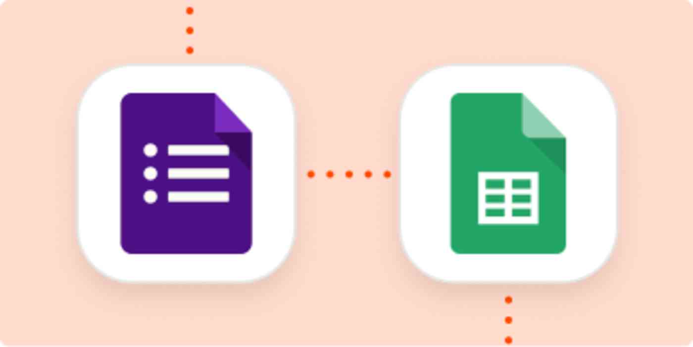 A purple Google Forms app icon and a green Google Sheets icon on an orange background with a dark orange dotted line connecting the two icons.