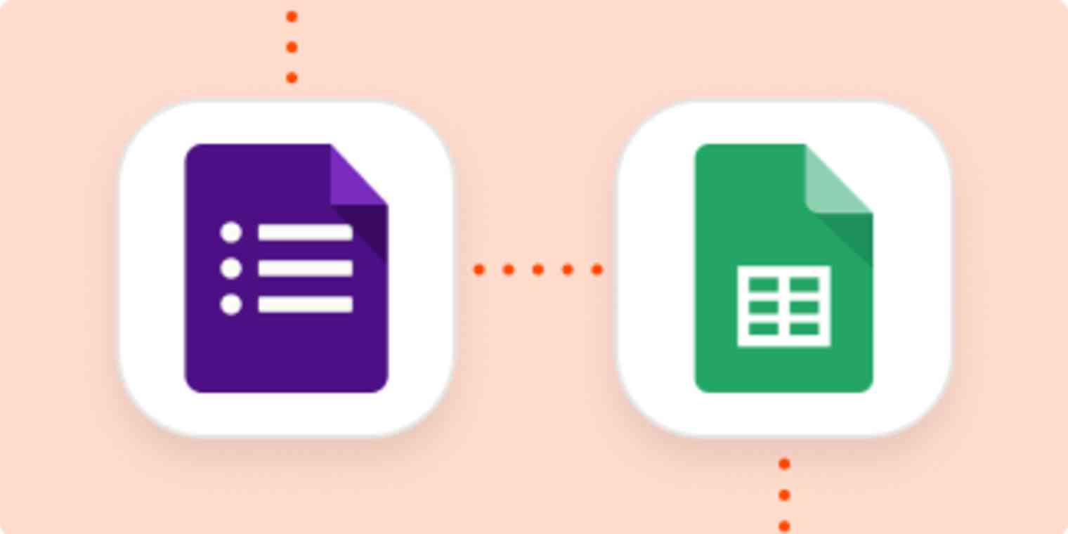 A purple Google Forms app icon and a green Google Sheets icon on an orange background with a dark orange dotted line connecting the two icons.