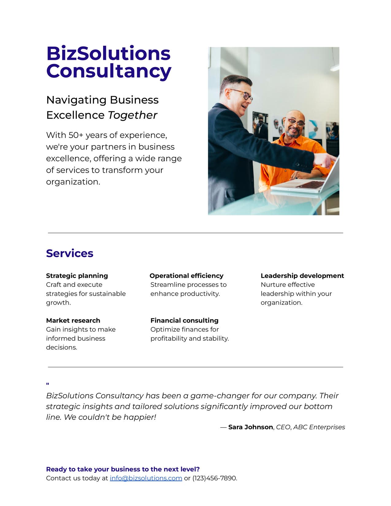 Example of a consulting services one-pager including services, client testimonials and contact information