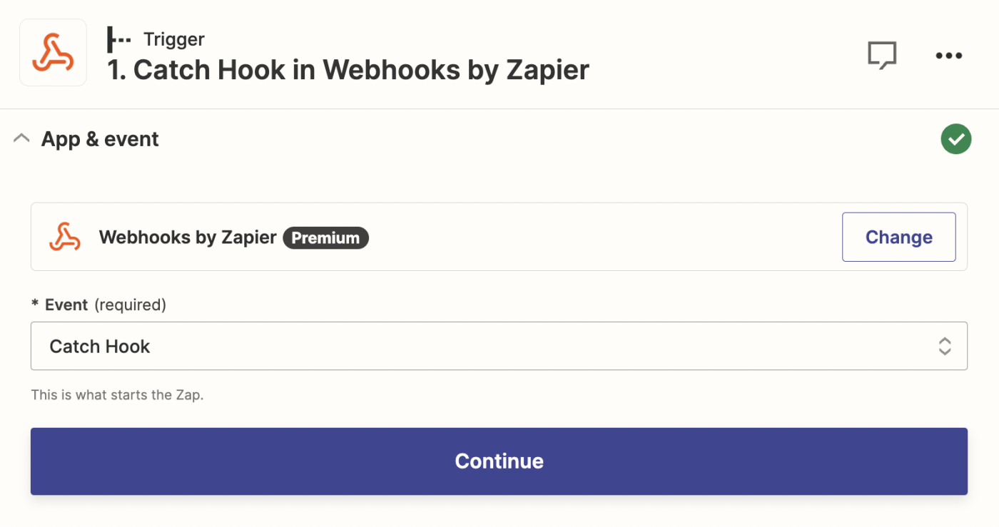A screenshot of the setup for a webhook trigger step in the Zapier editor.