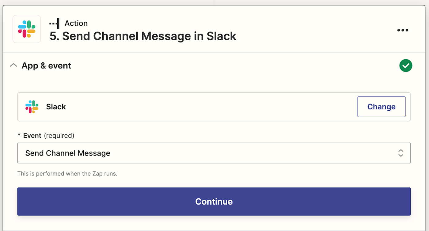Screenshot of Slack action set up in the Zap editor