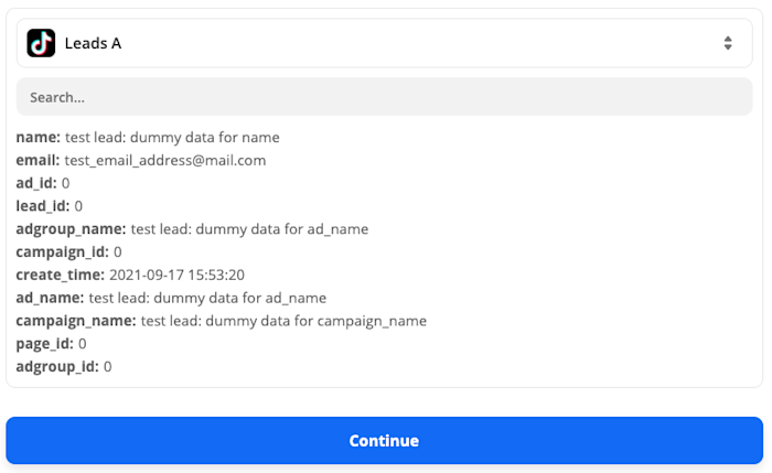 A screenshot of the successful test, showing information Zapier found in TikTok, like the lead's name, email address, ID, and campaign info.