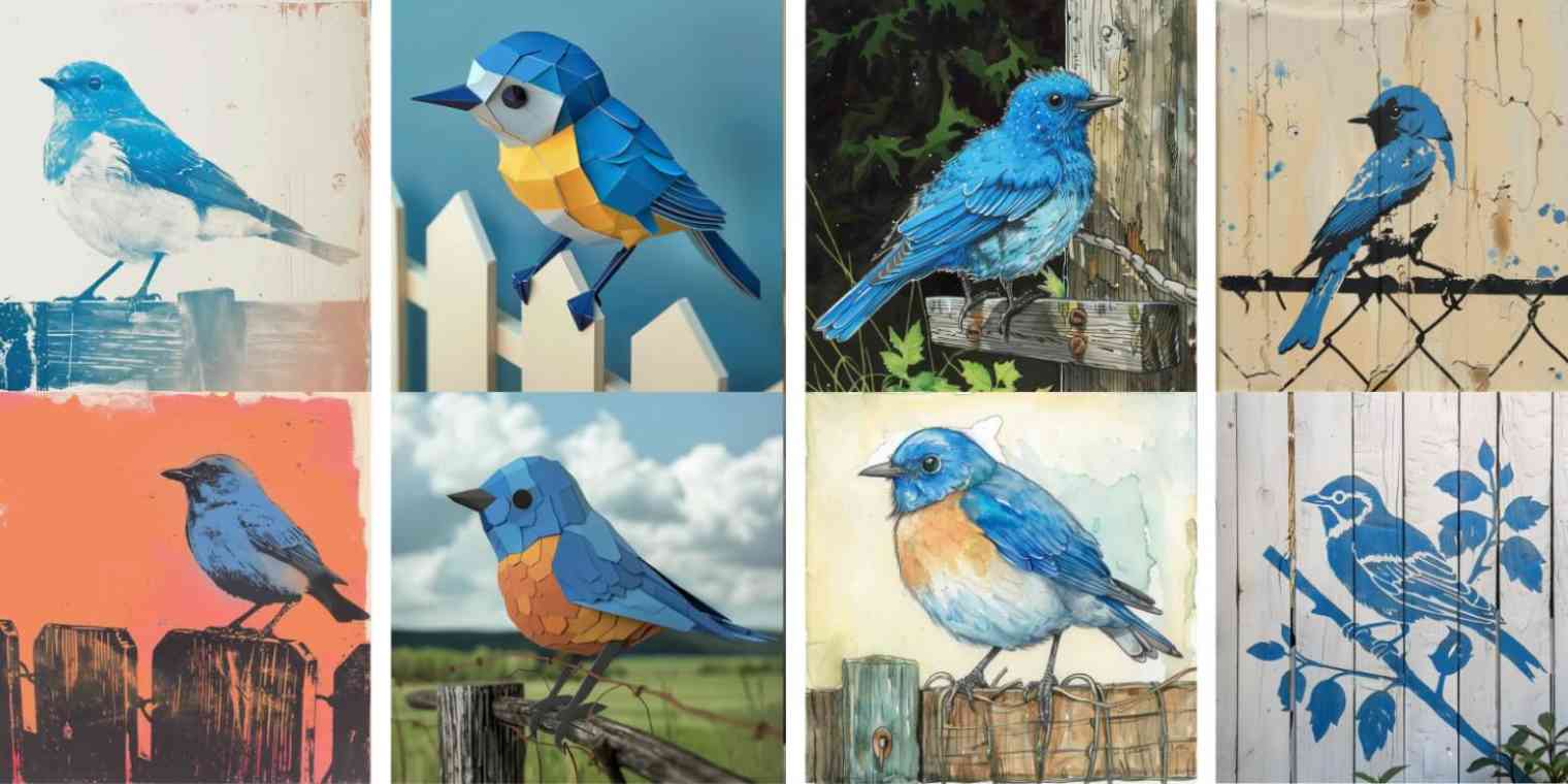 Hero image of AI-generated bluebirds in different art styles