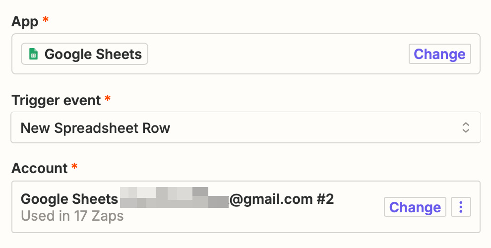 A trigger step in the Zap editor with Google Sheets selected for the trigger app and New Spreadsheet Row selected for the trigger event.