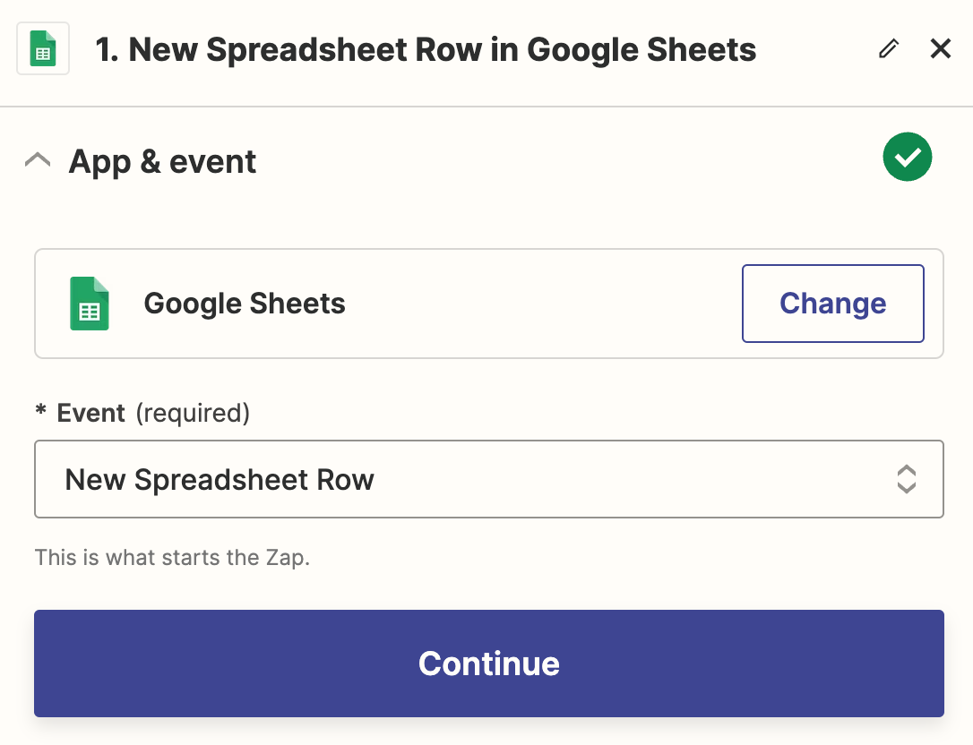 A trigger step in the Zap editor with Google Sheets selected for the trigger app and New Spreadsheet Row selected for the trigger event.