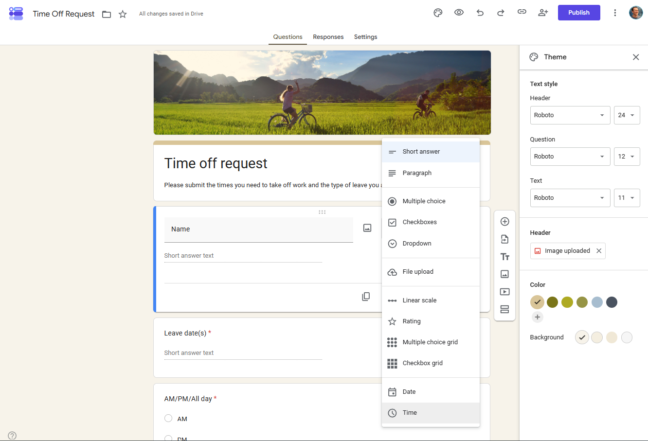 Design options in Google Forms