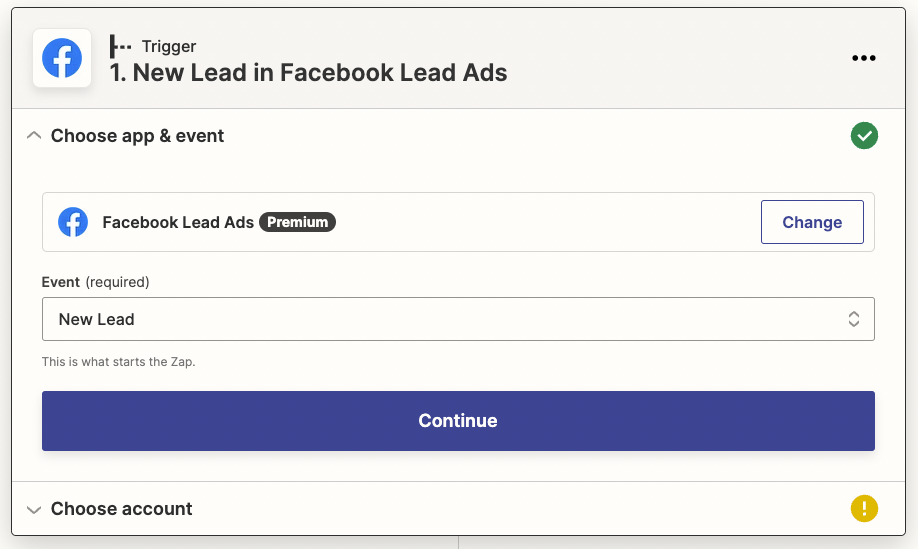 Facebook Lead Ads selected above a field labelled "Event" with "New Lead" selected in the dropdown.