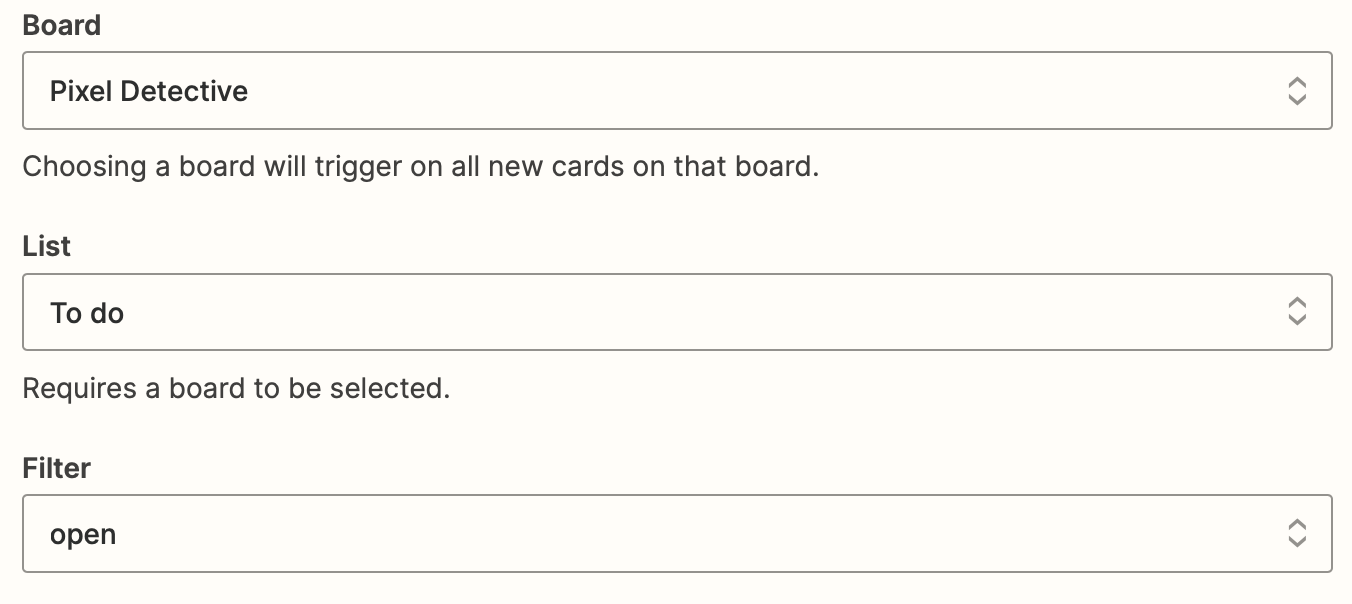 Trello fields in a trigger step in the Zap editor.