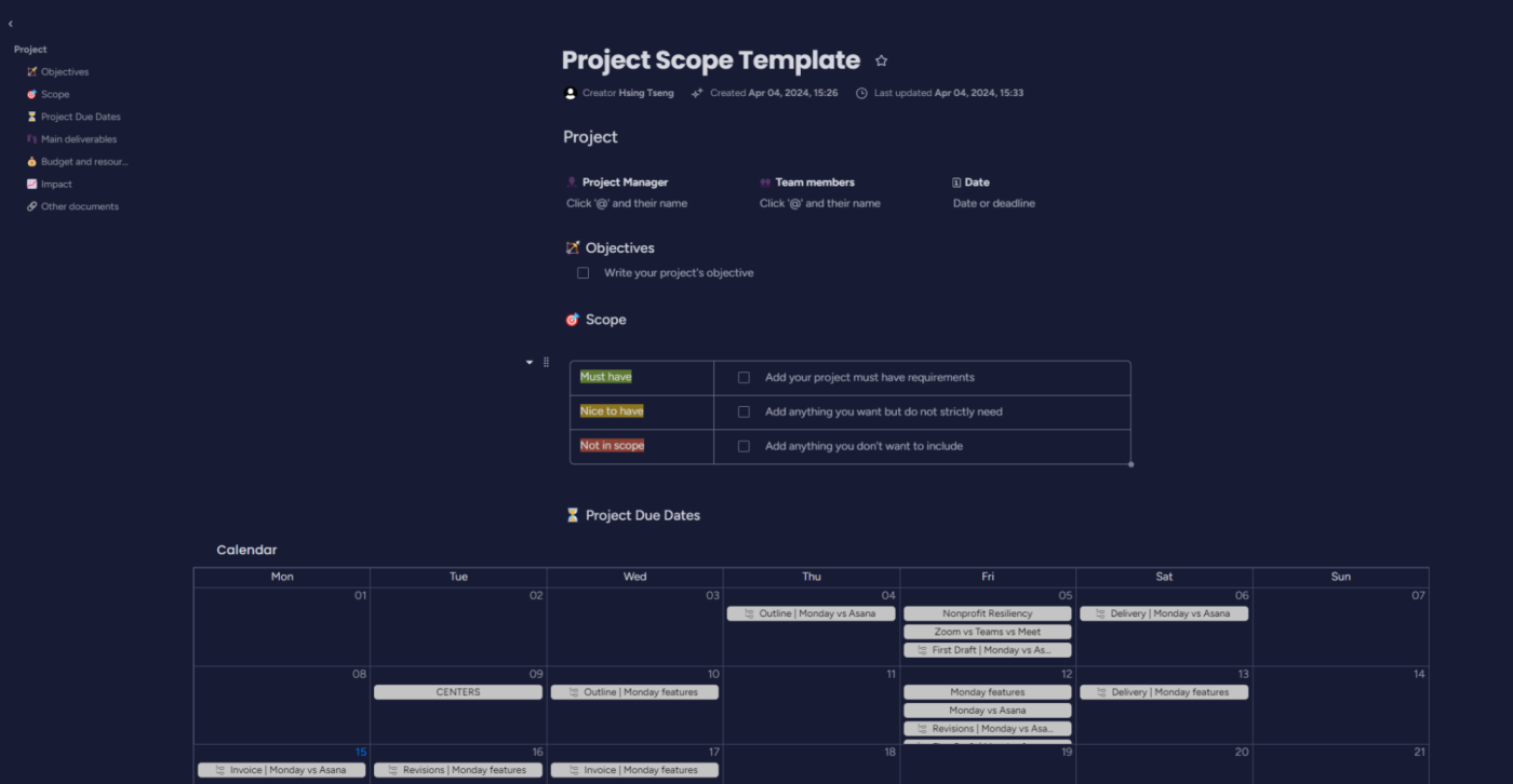 A project scope template in monday workdocs.