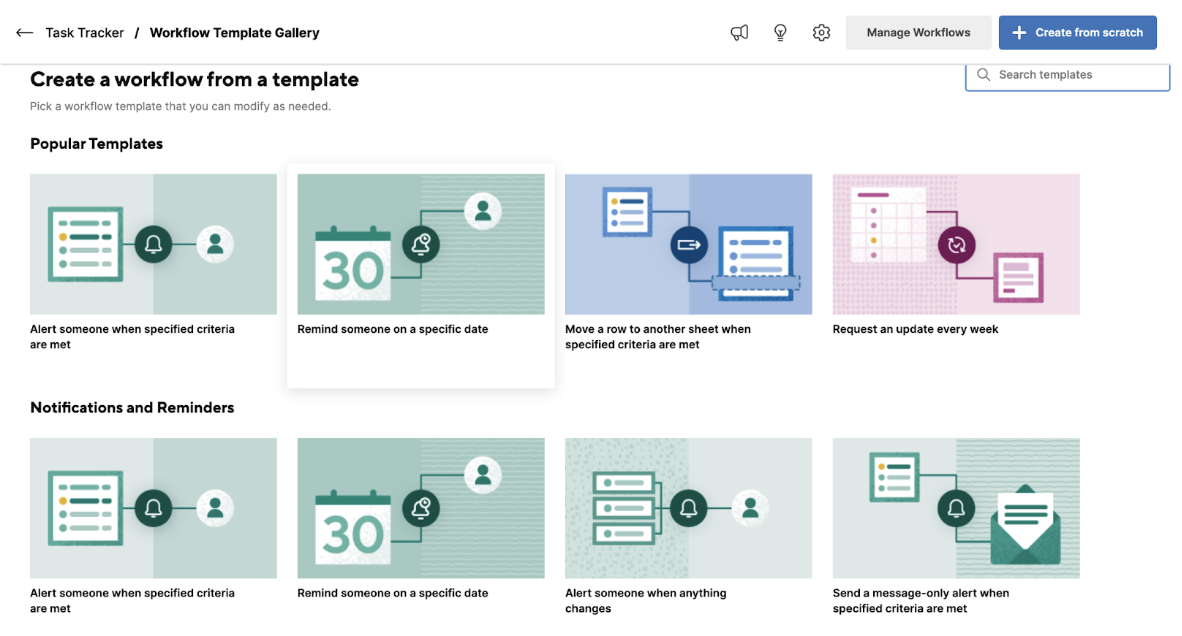 An image showing multiple popular workflow template options in Asana.