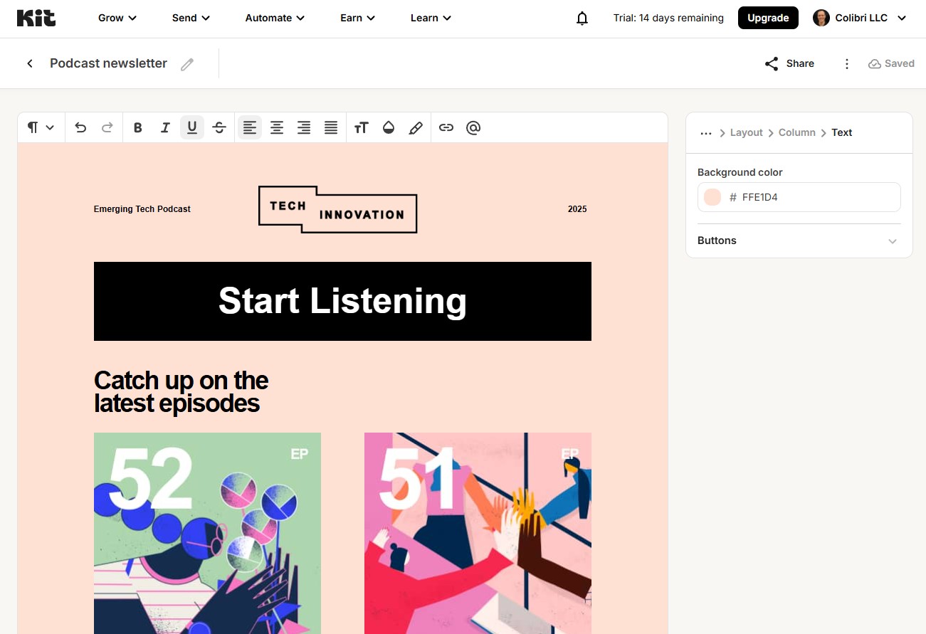 The Kit email editor with a template in use