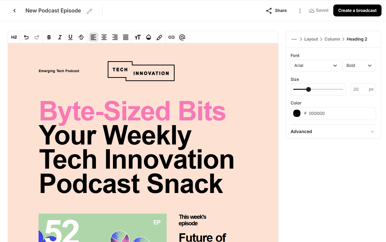 The Kit email editor with a template in use