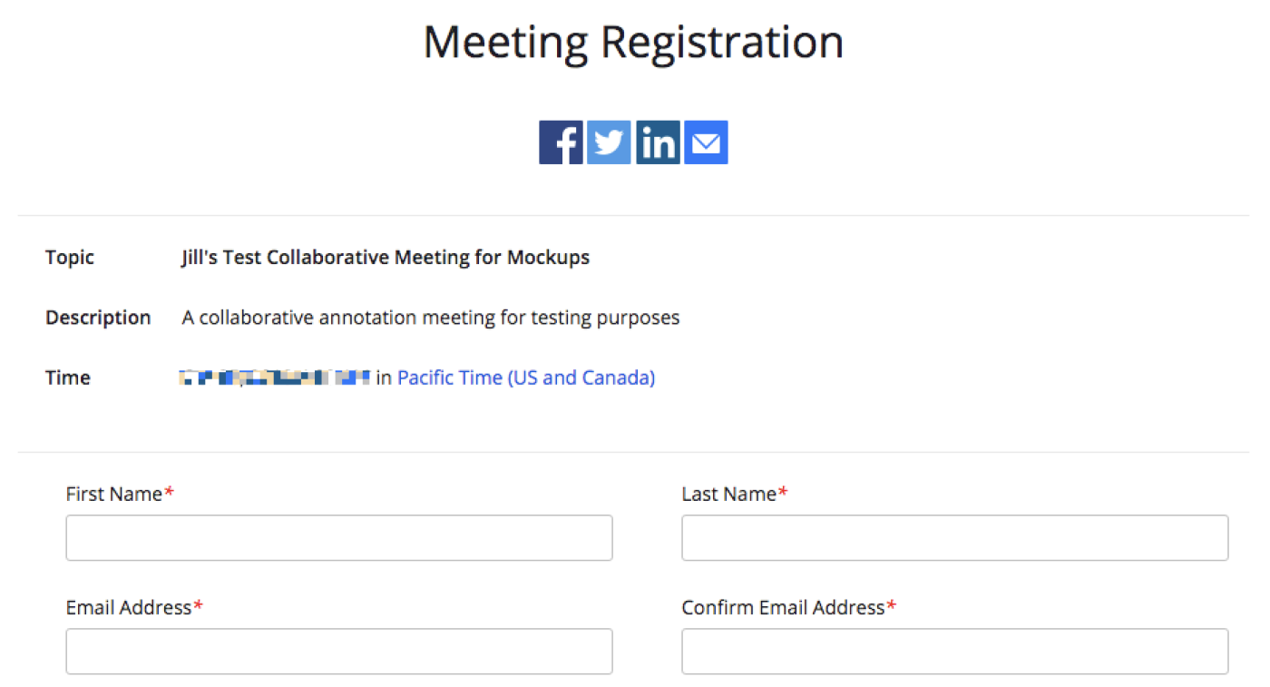 Página de registro para uma reunião do Zoom de exemplo. 