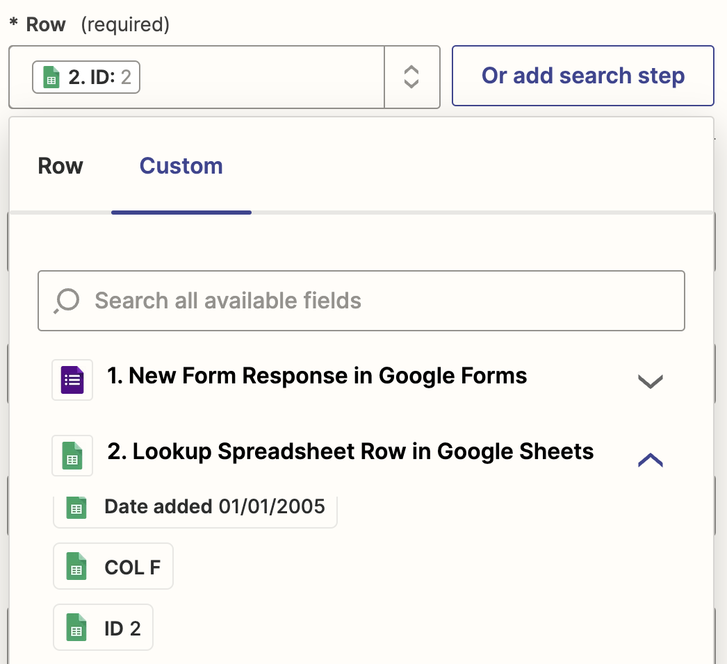 A blue search bar with a series of green Google Sheets icons underneath with different text next to each line. 
