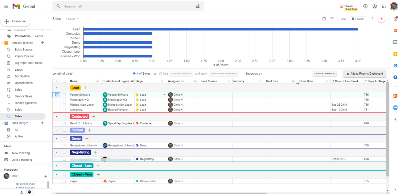 A screenshot of Streak within the Gmail inbox, our pick for the best free CRM for Gmail users