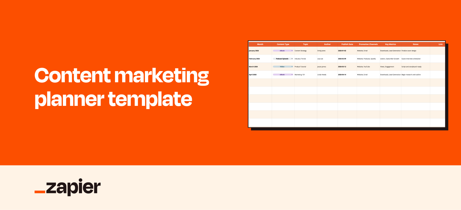 Screenshot of a content marketing calendar template with four rows filled in.