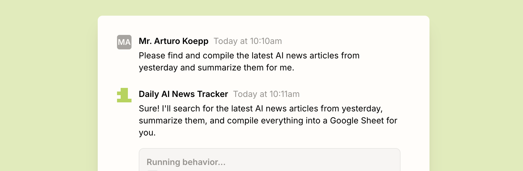 A conversation with an AI agent built in Zapier Agents about searching the latest AI news articles