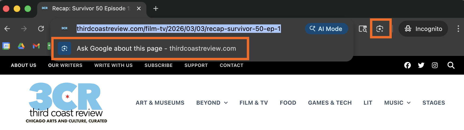 Google Chrome browser with the Google Lens icon highlighted in the address bar dropdown and toolbar. 