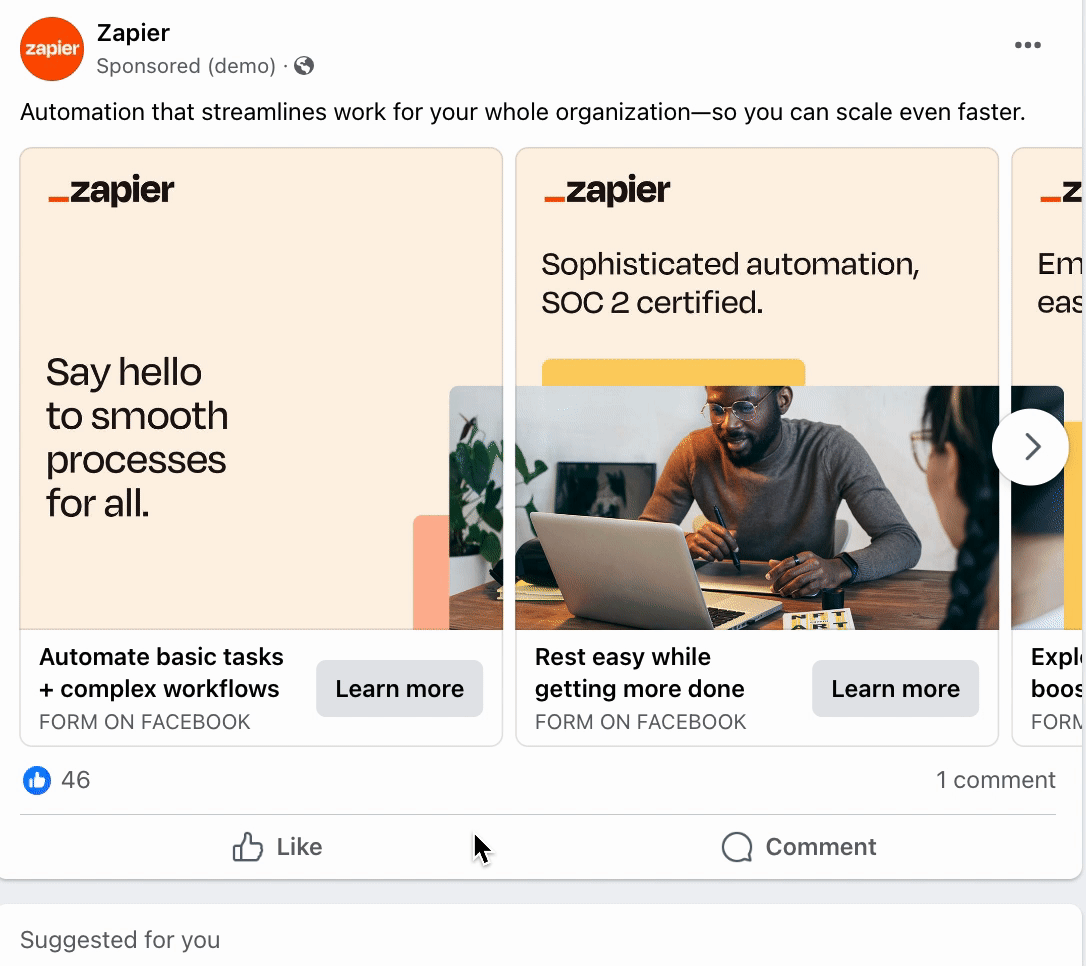 Gif showing an example of a Zapier Facebook lead ad