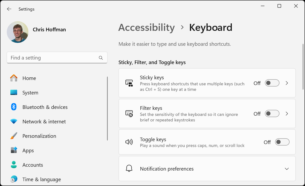 The Sticky Keys settings in Keyboard