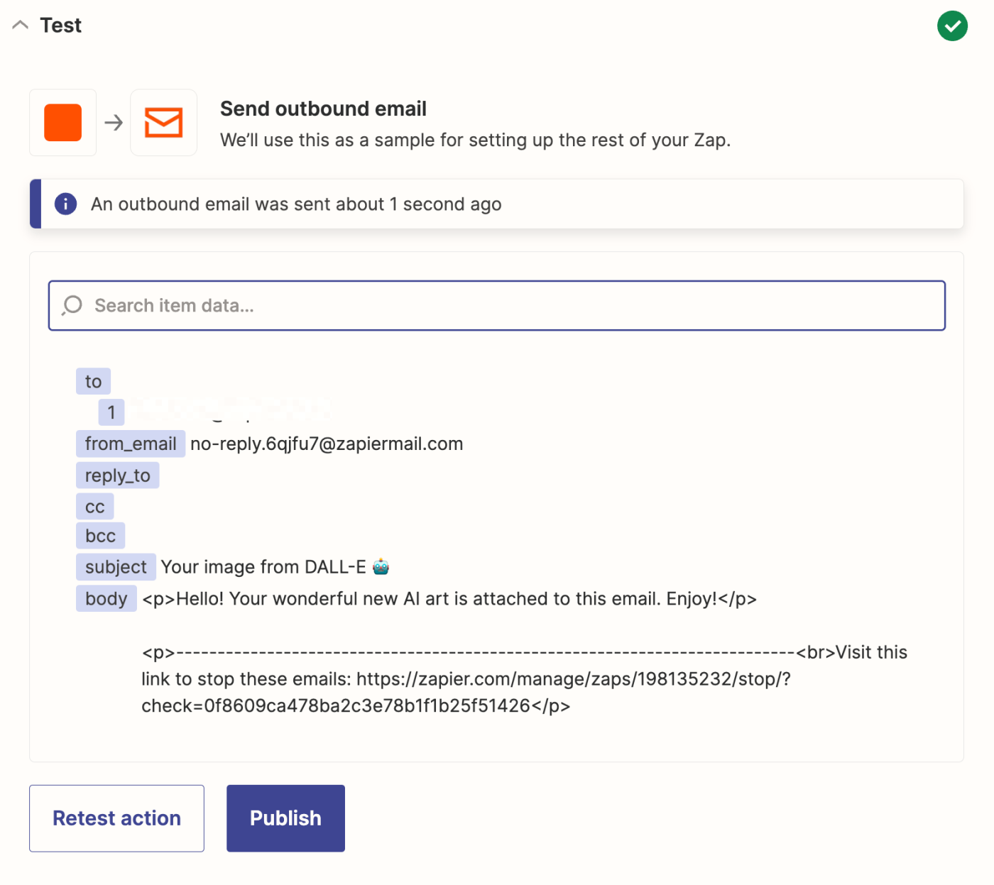 A screenshot of a successful Email by Zapier action step test in the Zapier editor.