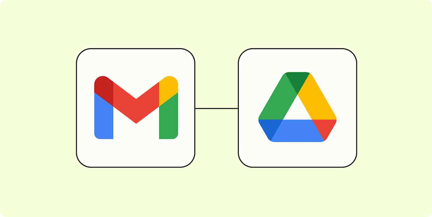 The Gmail logo connected to the Google Drive logo by orange dotted lines on a light orange background.