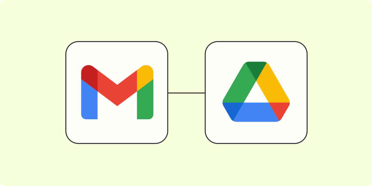 The Gmail logo connected to the Google Drive logo by orange dotted lines on a light orange background.
