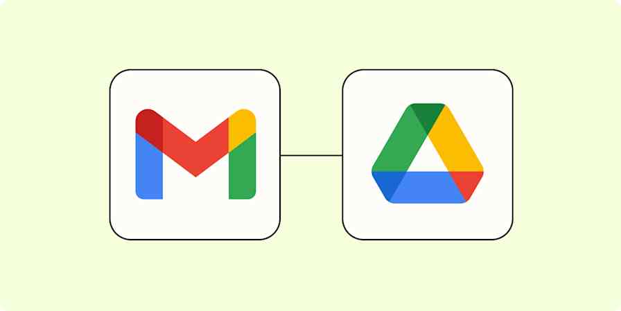 The Gmail logo connected to the Google Drive logo by orange dotted lines on a light orange background.
