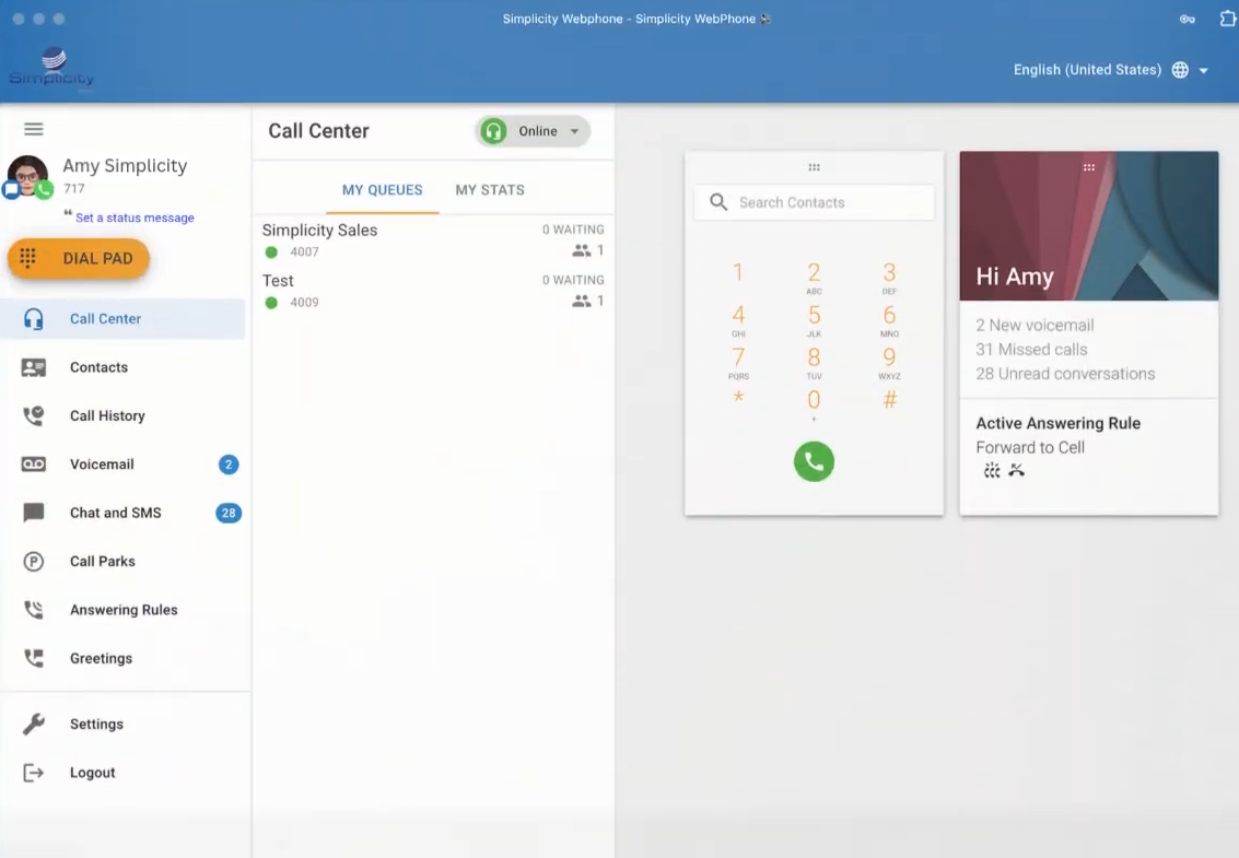 Une capture d’écran de l’interface web de SimplicityVoIP.