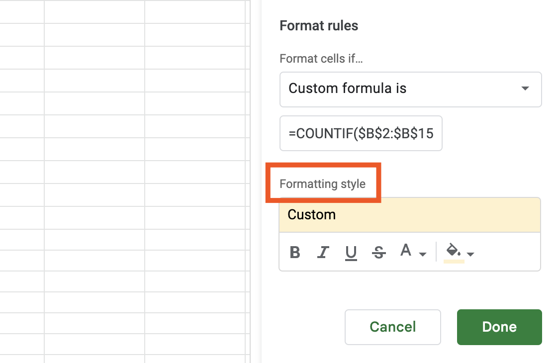 Portion of the conditional format rules window in a Google Sheets worksheet. The formatting style section title is highlighted.